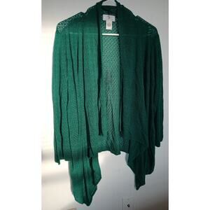 OSO Casual Emerald Green Sweater Cardigan Waterfall Open Front 1X Pointelle Knit